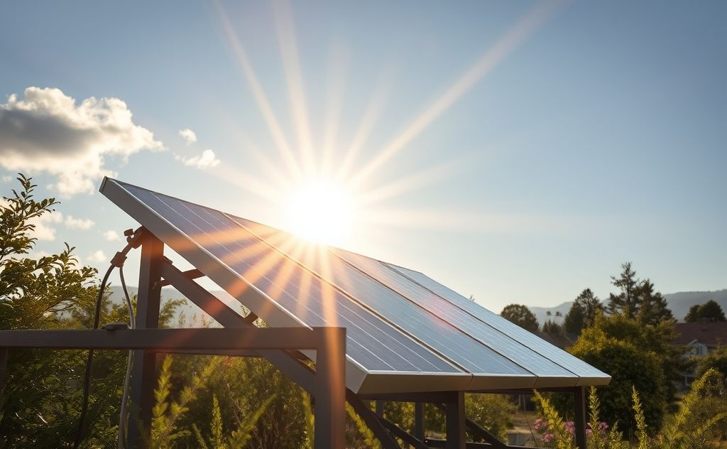 Tilted solar heater with sun rays and energy flow
