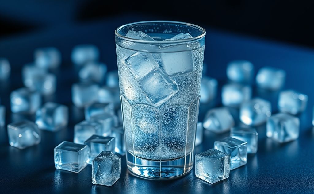 Tonic water in a cool setting with ice and glass