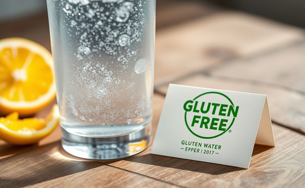 Tonic water in a glass with a gluten-free label