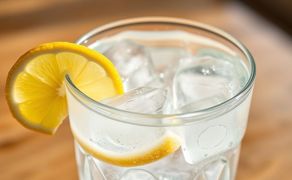 Tonic water in a glass with ice and lemon slice