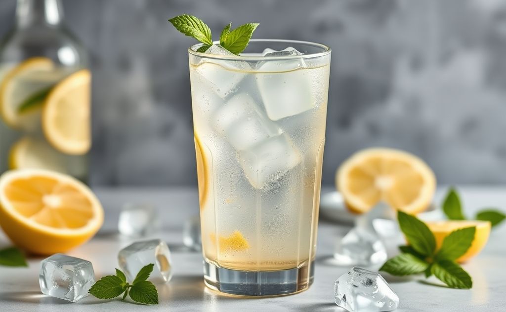 Tonic water in a refreshing glass with ice