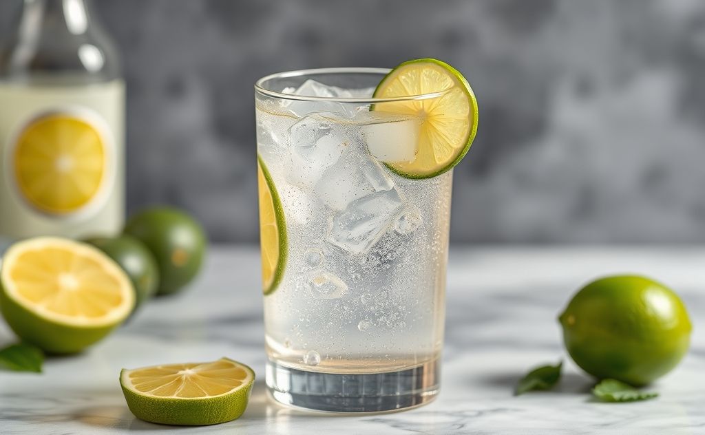 Tonic water with bubbles and a lime slice