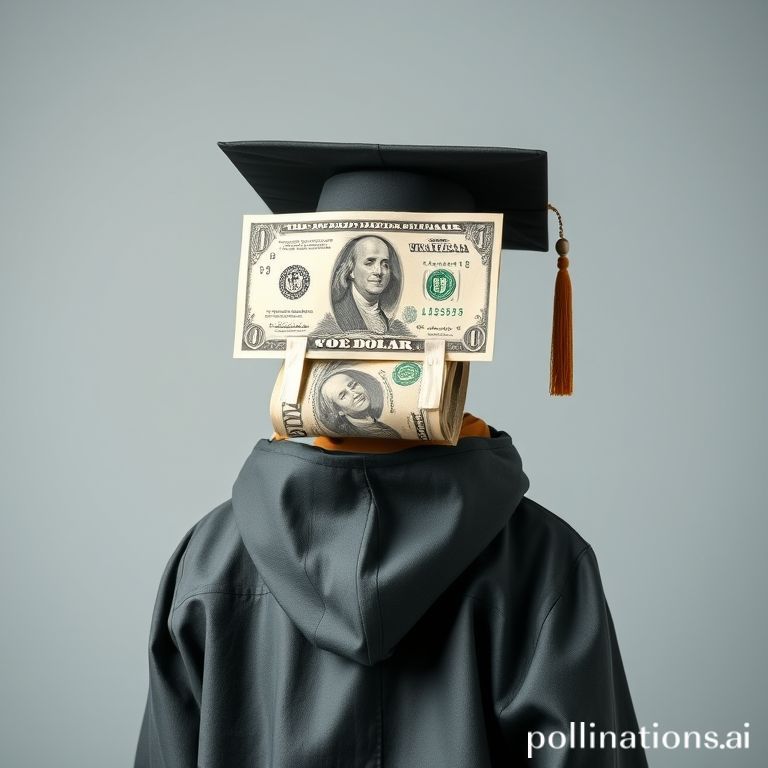 Topi wisuda di atas tumpukan uang kertas, melambangkan biaya kuliah yang tinggi dan peran penting bantuan finansial.
