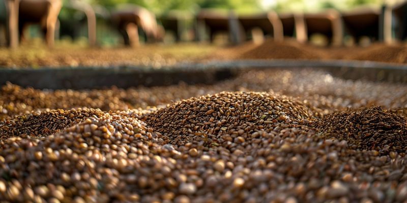 العليقة الكلية المختلطة (TMR) في حوض تغذية، تعرض التنوع في المكونات من أعلاف خشنة وحبوب ومكملات بروتينية.