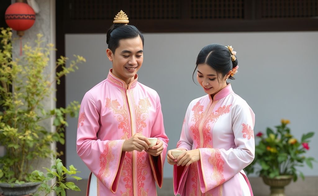 Traditional Vietnamese attire for a tea ceremony.