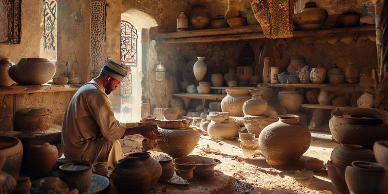 ورشة فخار تقليدية في فاس، المغرب، يظهر فيها حرفي محلي يشكل الطين بيديه بمهارة، مع خلفية للمدينة القديمة التاريخية. تعكس الصورة جوًا أصيلًا وتجربة ثقافية فريدة.