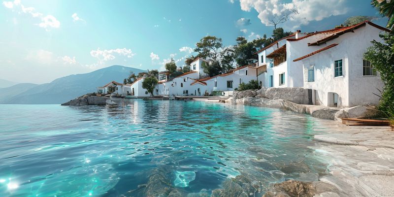 منظر ساحلي لقرية متوسطية هادئة بمياه زرقاء صافية وبيوت بيضاء تقليدية، يعكس السلام والاسترخاء الناتج عن التخطيط الجيد للرحلة.