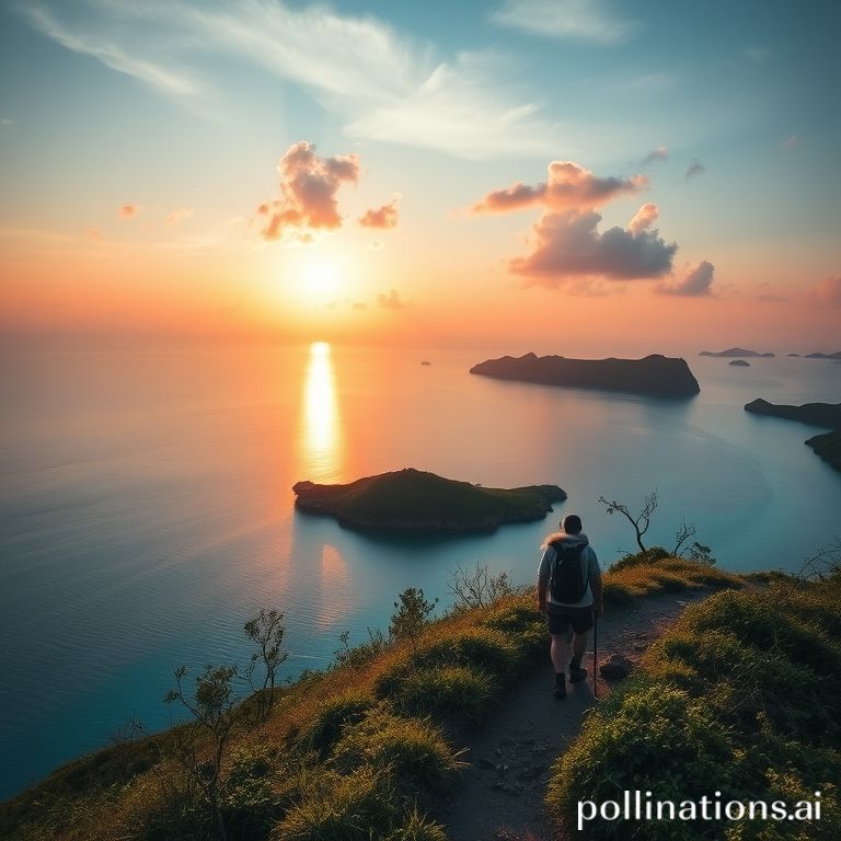 Trekking bukit savana dengan laut biru