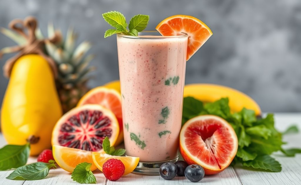 Tropical smoothie with fresh fruits and greens blend