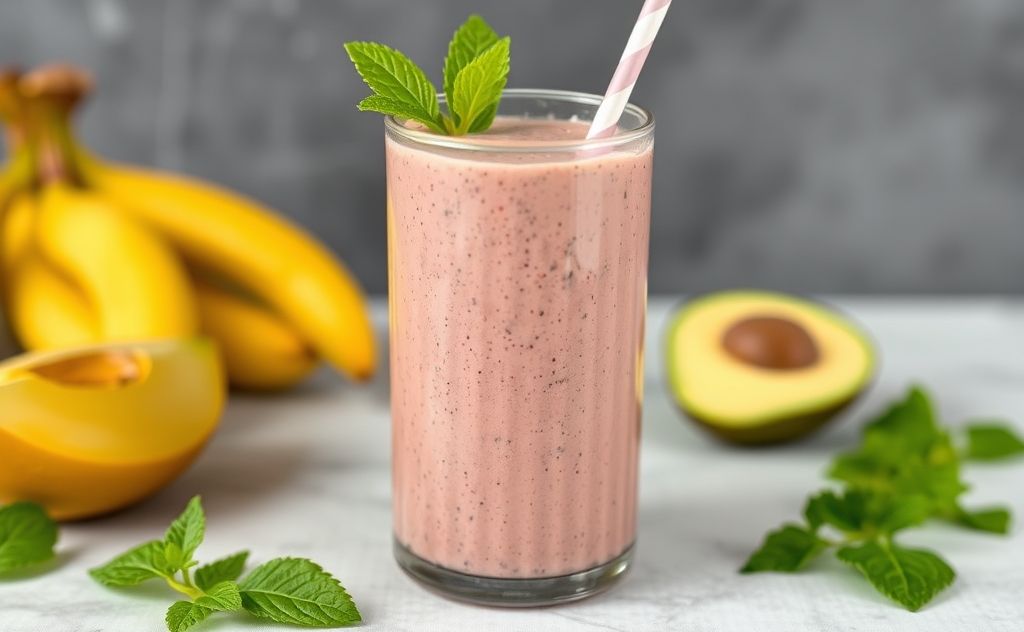 Tropical smoothie with plant-based chicken bowl