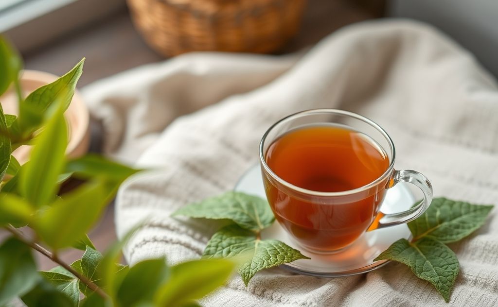 Trumpet leaf tea in a cozy setting with a cup.