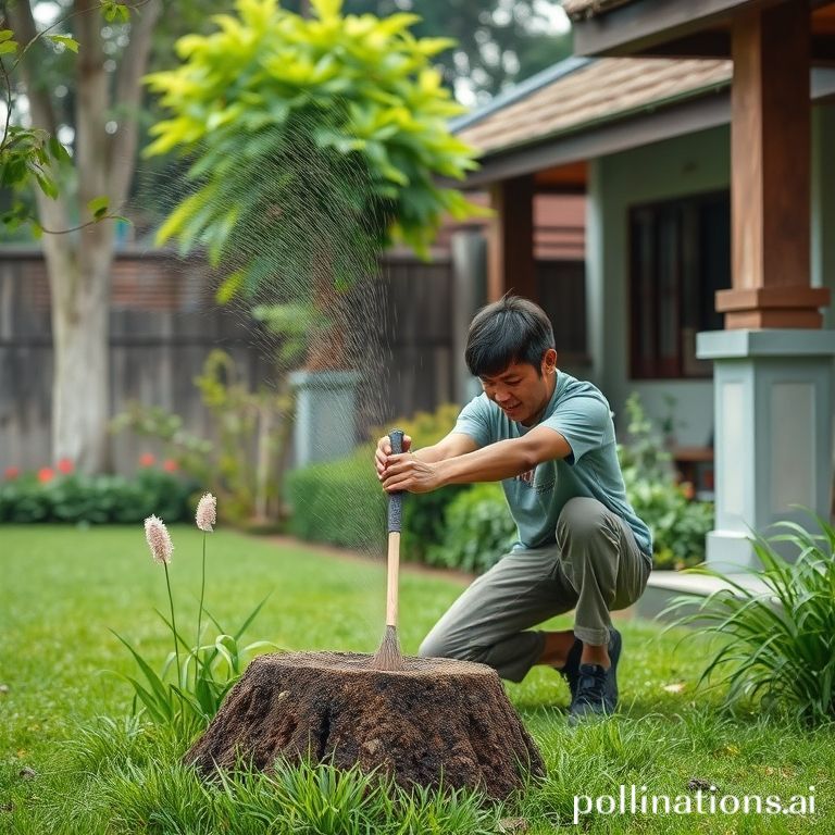 Tukang taman memotong rumput halaman rumah di Surabaya dengan mesin potong