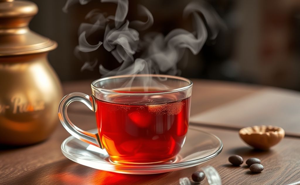 Turkish tea preparation with rich color and steam