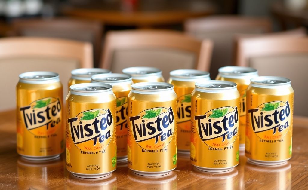 Twelve cans of refreshing Twisted Tea on a table