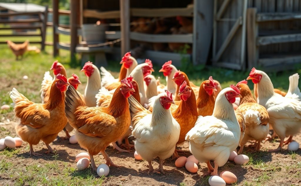 Twenty chickens laying eggs in a sunny farm setting