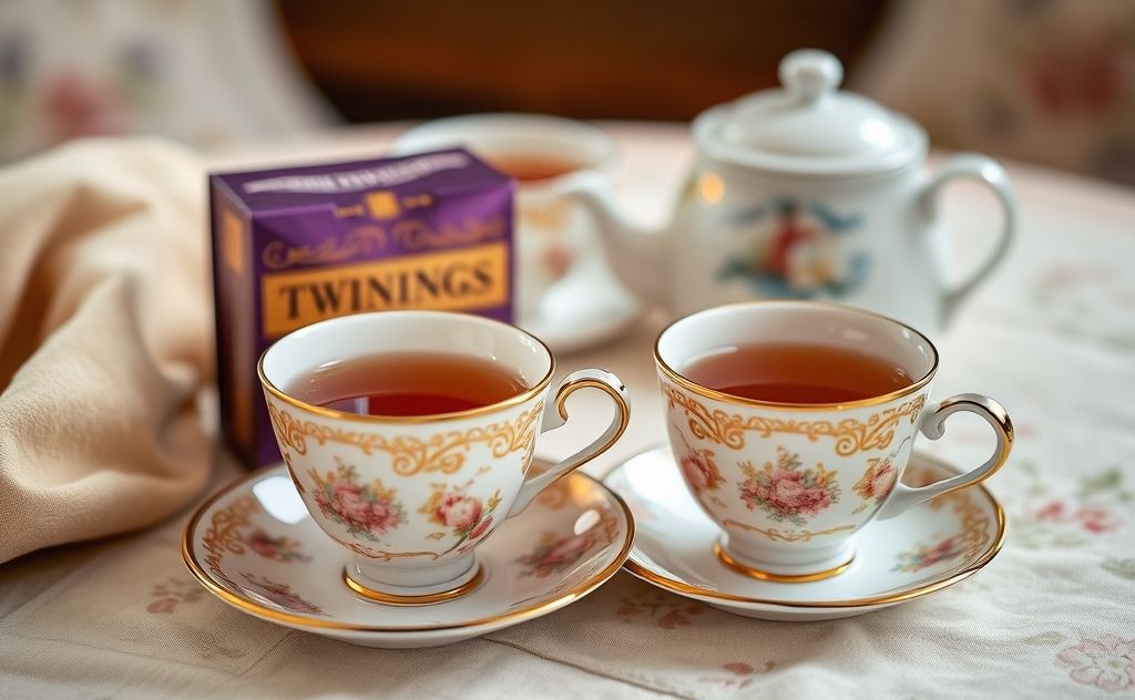 Twinings Tea in a cozy setting with teacups.