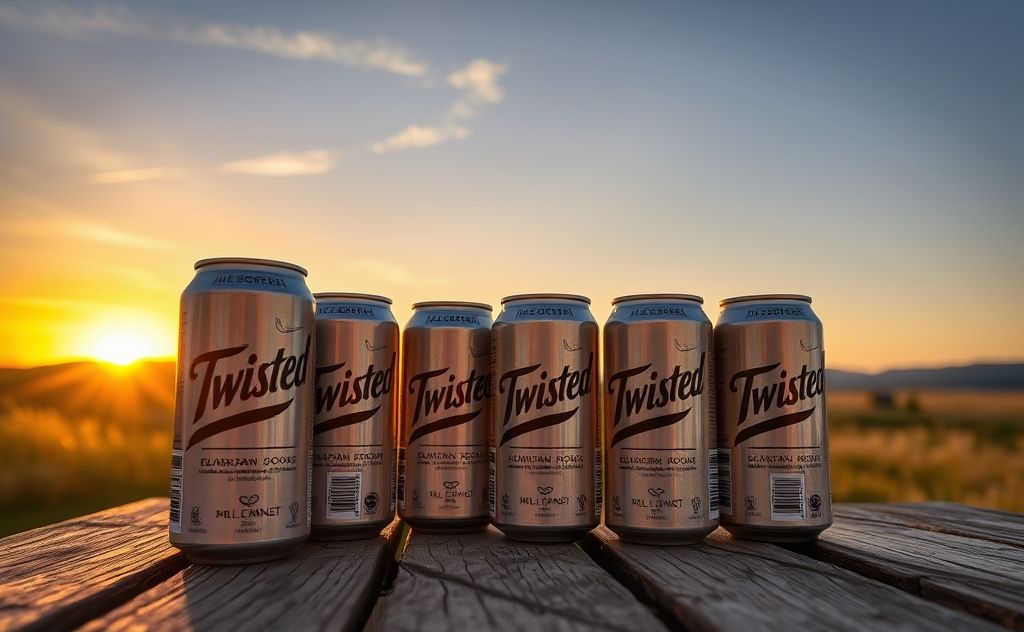 Twisted Tea cans on a rustic table with sunset.