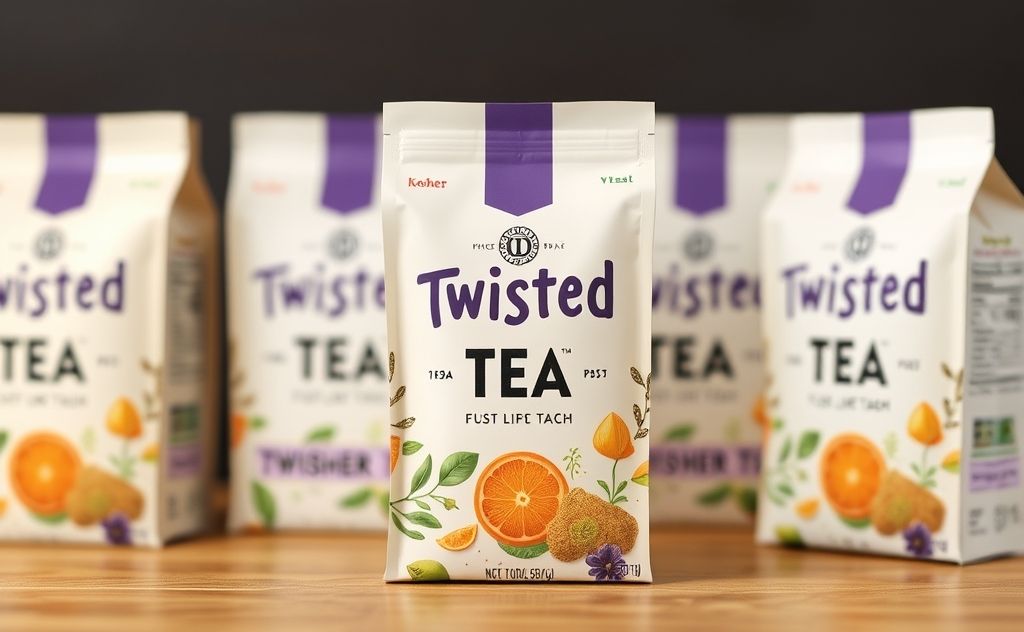 Twisted Tea packaging with kosher symbols and tea elements