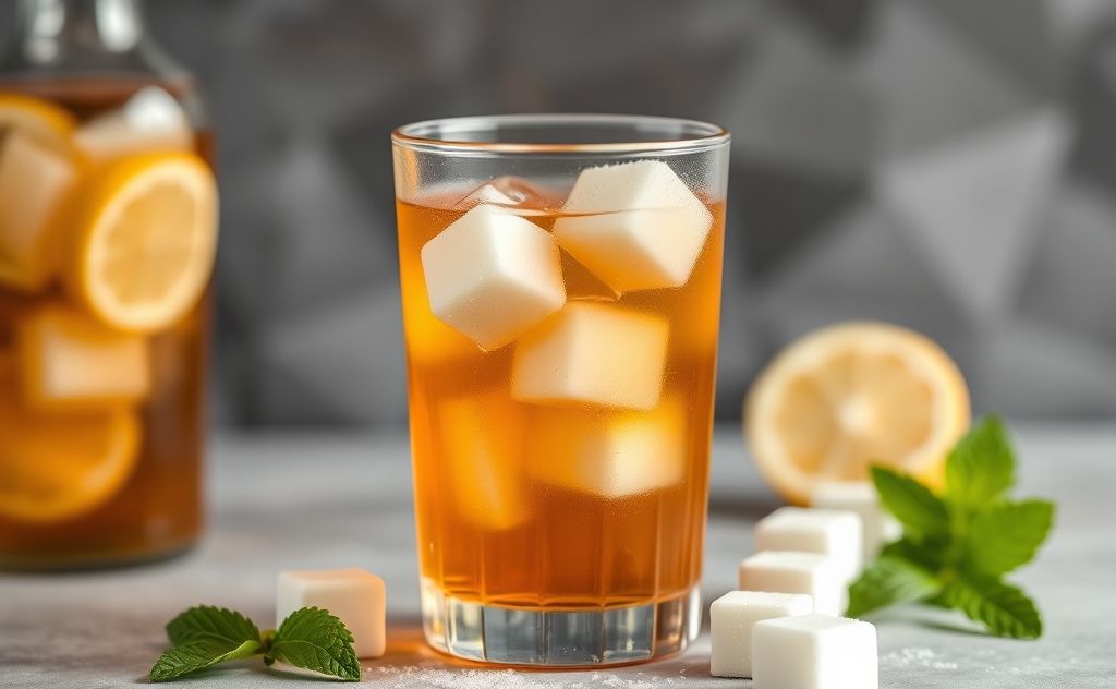 Twisted Tea with sugar cubes and a refreshing drink backdrop.