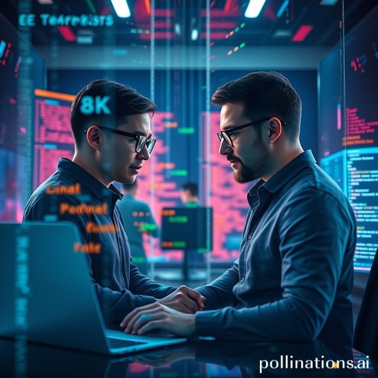 Two developers working together in a shared, futuristic terminal environment.