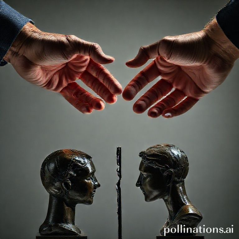 Duas m&atilde;os sobre esculturas de bronze, uma rachada, em confronto