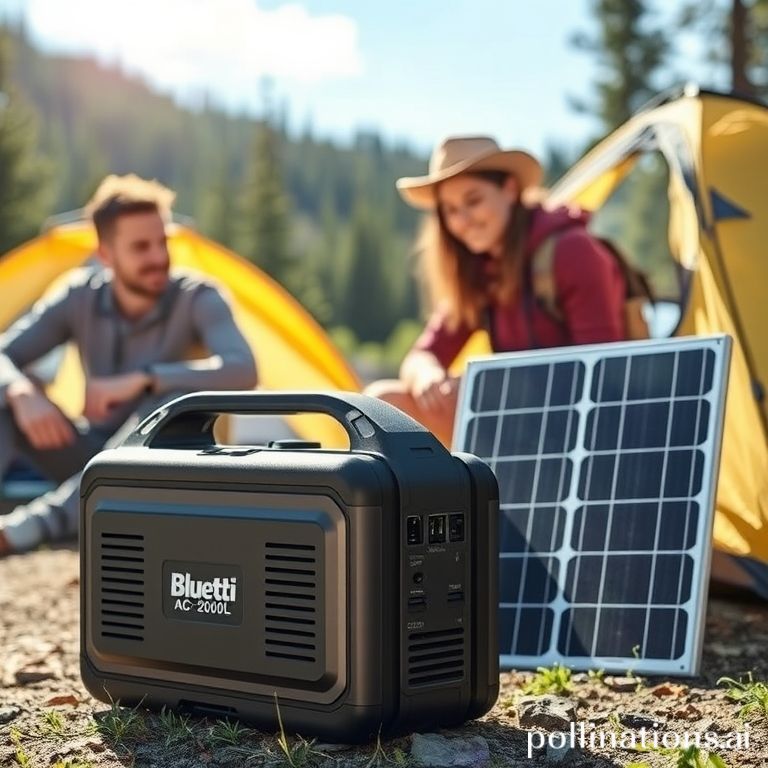 Dua orang menikmati suasana perkemahan dengan generator surya Bluetti AC200L di tanah, siap mengisi daya.