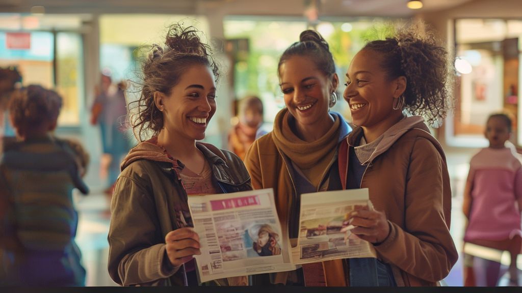 公民館のロビーでチラシを見ながら話す保護者たち