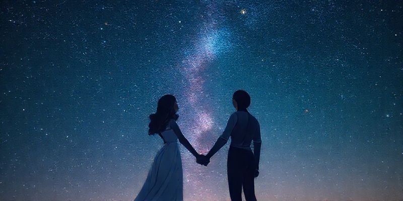 Farklı burçlardan iki insanın yıldızlı bir gökyüzü altında el ele tutuşması, astrolojik aşk uyumunu sembolize ediyor.