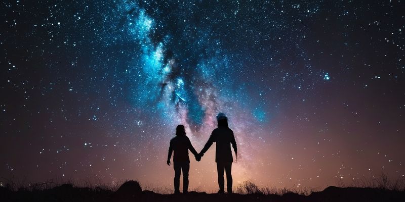 Yıldızlı gökyüzü altında el ele tutuşan insanlar, astrolojik aşk uyumunu temsil ediyor.