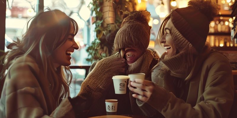 Two people sharing a cup of coffee and laughing