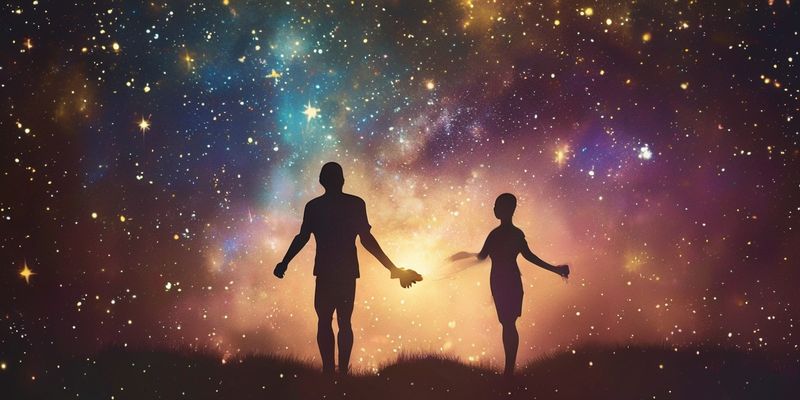 İki siluet el ele tutuşuyor, arka planda parlak yıldızlar ve galaksi