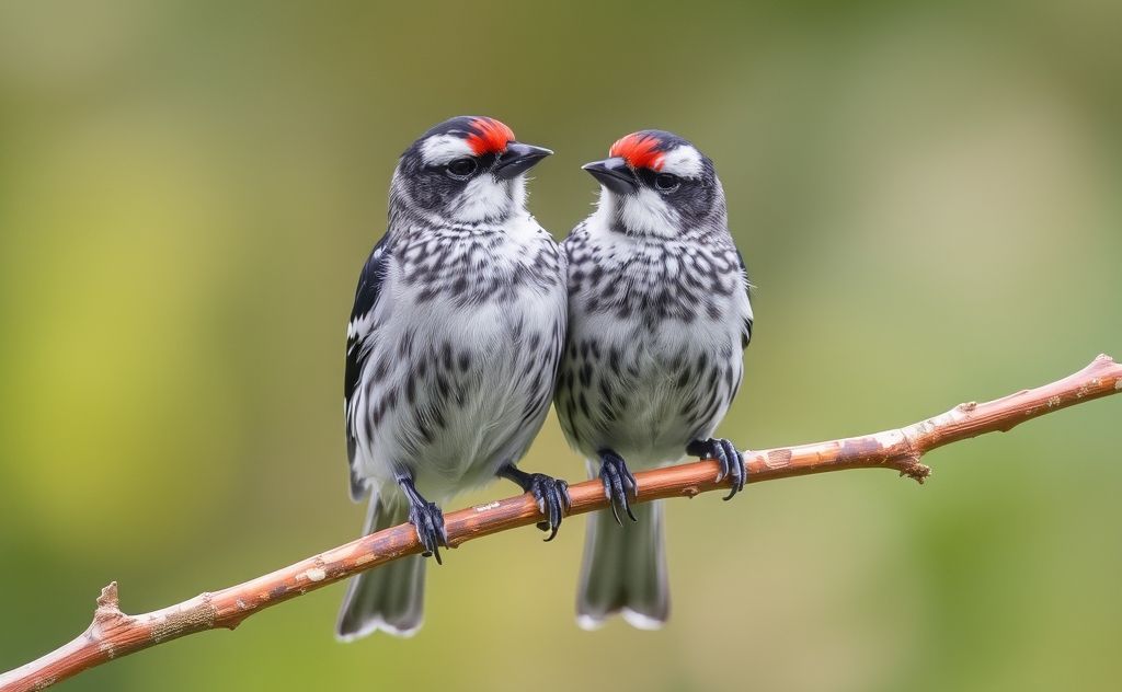 Two zebra finches perched together on a branch in a natural setting