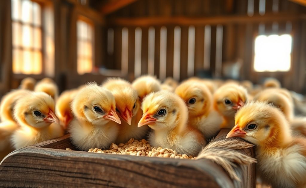 Two-week-old chickens eating from a feeder