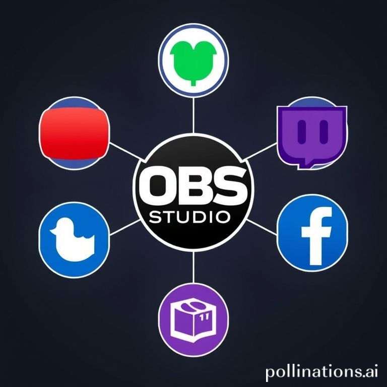 Logos de plataformas de streaming (YouTube, Twitch, Facebook Gaming) conectados ao OBS Studio, simbolizando a integração para transmissão ao vivo.