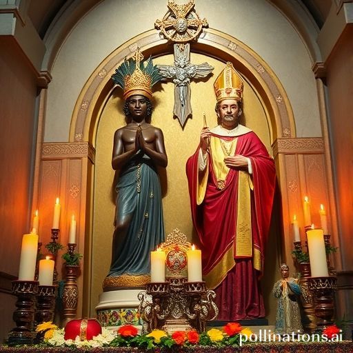 Un altar vibrante de Santería que muestra la fusión de una figura de un Orisha africano junto a un Santo Católico, con ofrendas