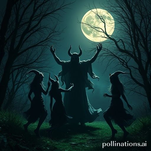 Un aquelarre de brujas por la noche en un prado, danzando alrededor de una gran figura de macho cabrío bajo la luna llena, pintura de fantasía oscura