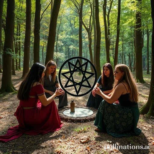 Un círculo sereno de personas practicando un ritual wiccano en un bosque, honrando la naturaleza, con un símbolo de pentáculo, representando la Rede Wicca