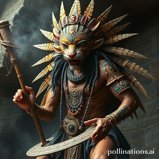 Un chamán mesoamericano en mitad de su transformación en un jaguar, rodeado de glifos y patrones aztecas, arte espiritual