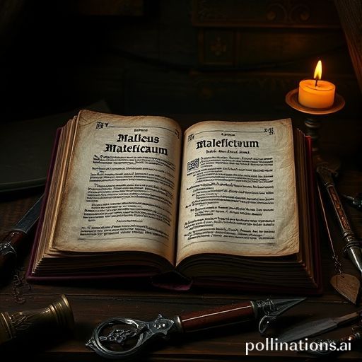 Un oscuro manuscrito medieval titulado Malleus Maleficarum, abierto sobre una mesa de madera con herramientas de inquisidor, iluminación dramática, estilo grabado antiguo