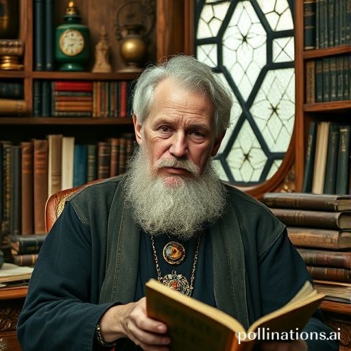 Un retrato de un hombre mayor y erudito parecido a Gerald Gardner, en su estudio rodeado de libros y artefactos ocultistas, popularizando la Wicca