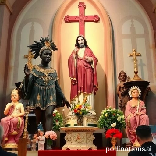 Un vibrante altar que muestra sincretismo religioso, con una figura de Orisha africano junto a una estatua de Santo Católico, rodeado de ofrendas