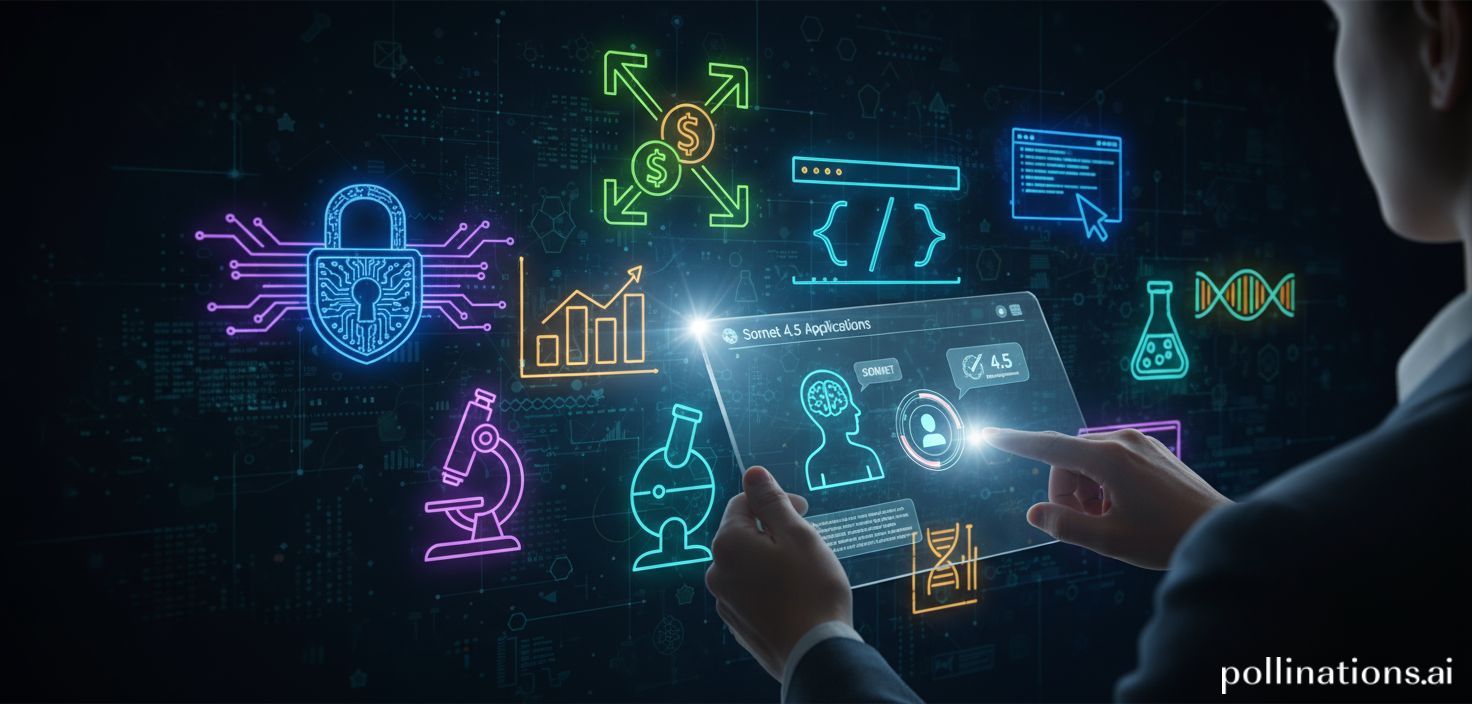 Un collage de íconos que representan diferentes industrias (ciberseguridad, finanzas, desarrollo de software, investigación) y un usuario interactuando con un asistente de IA en una pantalla, simbolizando la aplicación práctica de Sonnet 4.5.