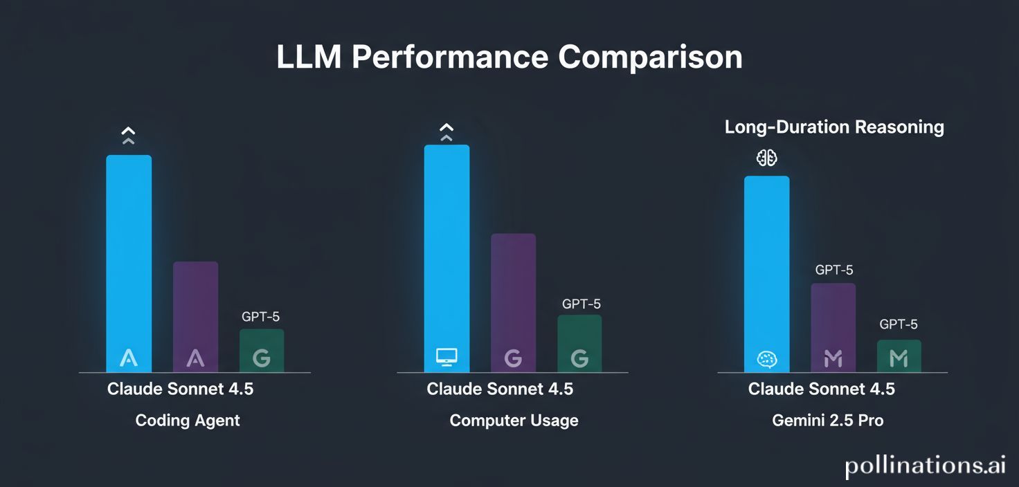 Un gráfico comparativo simplificado que muestra a Claude Sonnet 4.5 superando a otros LLMs (como GPT-5 y Gemini 2.5 Pro) en métricas clave como 