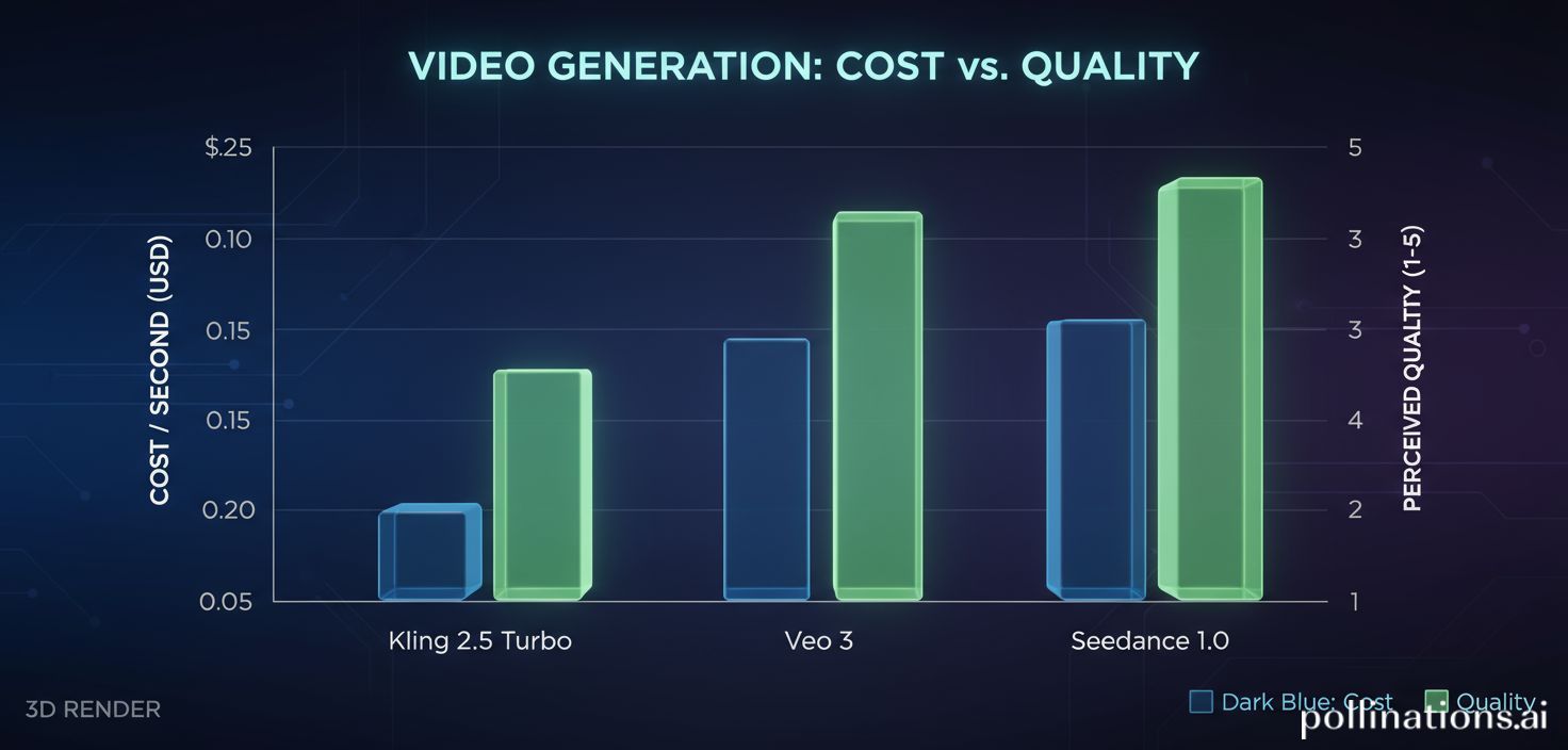 Un gráfico de barras comparando el costo por segundo de video generado y la calidad percibida entre Kling 2.5 Turbo, Veo 3 y Seedance 1.0.