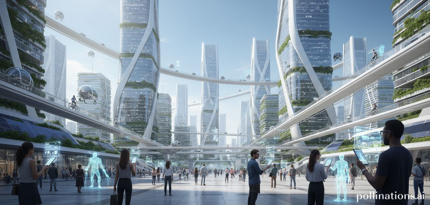 Un paisaje urbano futurista con vehículos autónomos y personas interactuando con dispositivos de IA, proyectando una visión optimista de la tecnología integrada en la vida diaria