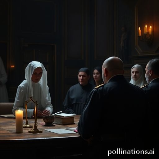 Una dramática escena de tribunal de los juicios de brujas de Salem del siglo XVII, con un acusador señalando a un 'espectro' que sólo él puede ver