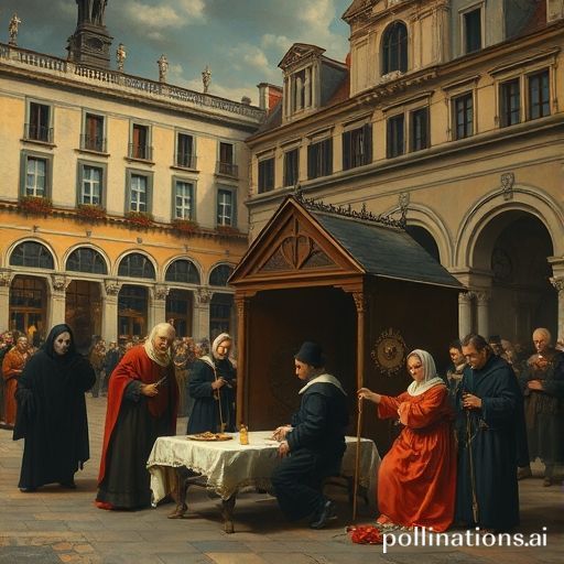 Una dramática pintura de la Edad Moderna mostrando un juicio de brujas en una plaza europea, con jueces, acusadores y una hoguera en preparación