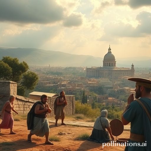 Una escena de la antigua Roma tardía, mostrando a campesinos en una zona rural (pagi) realizando un ritual pagano mientras una ciudad cristiana se ve a lo lejos