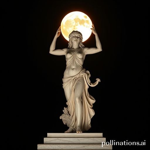 Una estatua clásica de la diosa griega Hécate en su forma triple, sosteniendo antorchas en una encrucijada bajo una luna llena
