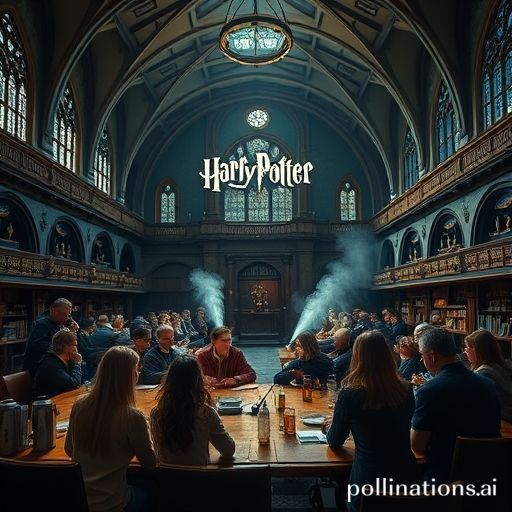 Una gran escuela mágica que recuerda a Hogwarts, con estudiantes con túnicas aprendiendo hechizos en un aula llena de artefactos mágicos